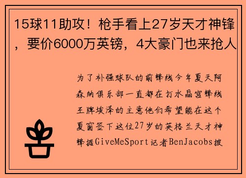 15球11助攻！枪手看上27岁天才神锋，要价6000万英镑，4大豪门也来抢人